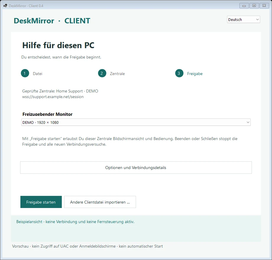 DeskMirror – Client: Freigabe bereit, noch nicht gestartet