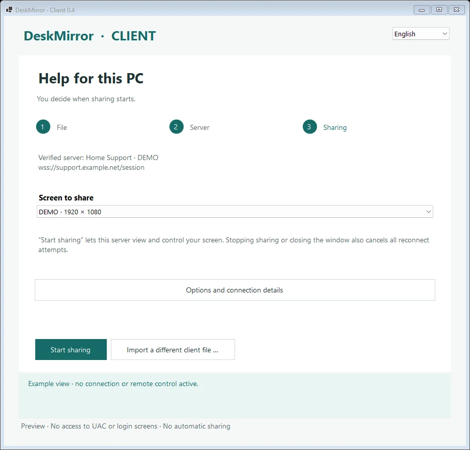 DeskMirror – Client: ready to share, not yet started