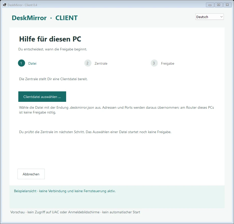 DeskMirror – Client: Clientdatei auswählen
