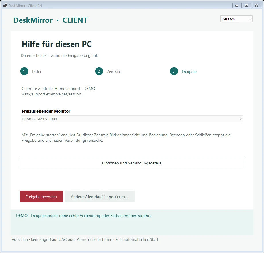 DeskMirror – Client: Freigabeansicht mit Stopptaste