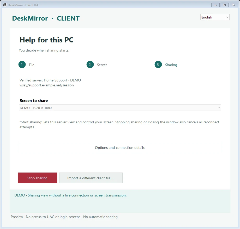 DeskMirror – Client: sharing view with stop button