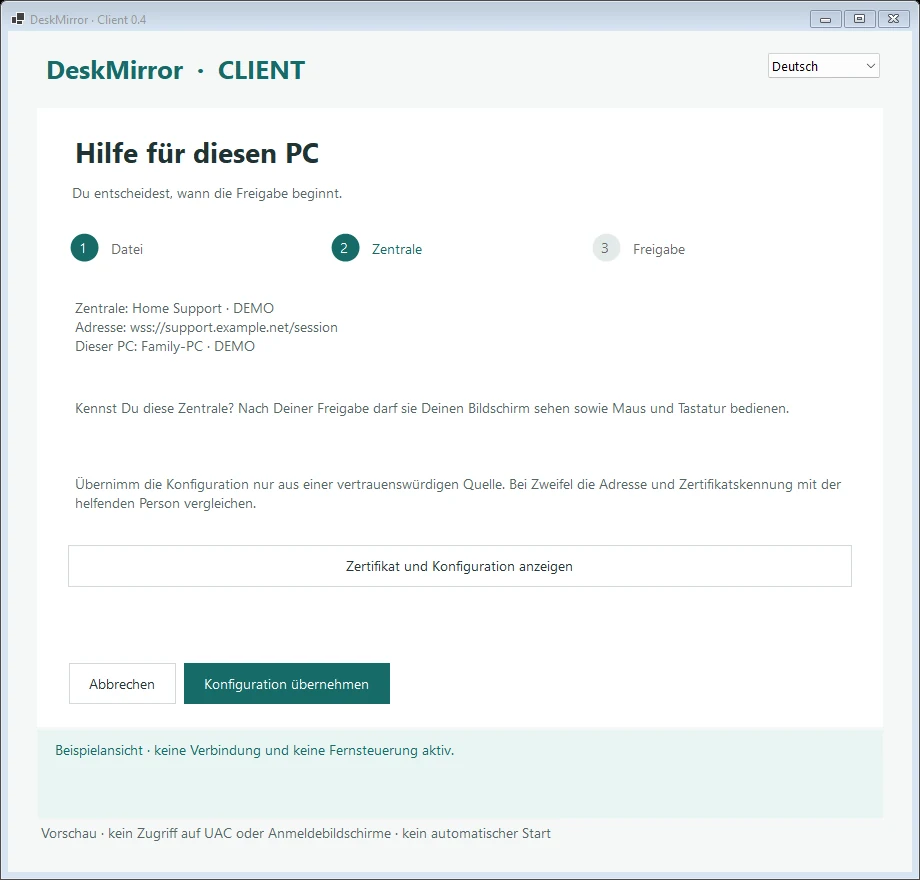 DeskMirror – Client prüft die Zentrale vor der Übernahme