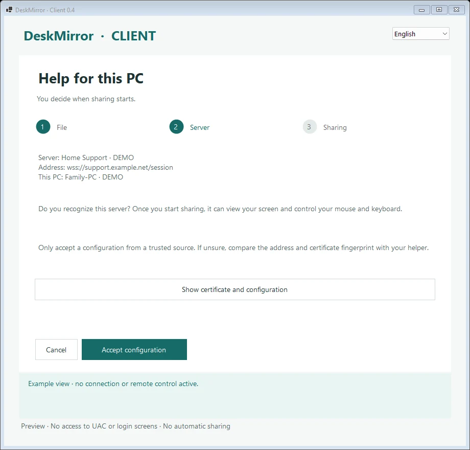 DeskMirror – Client checking the server before accepting