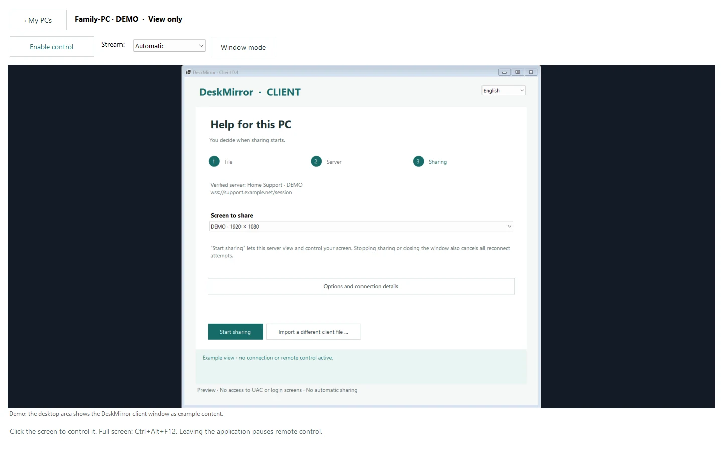 DeskMirror – Full-screen view with top toolbar