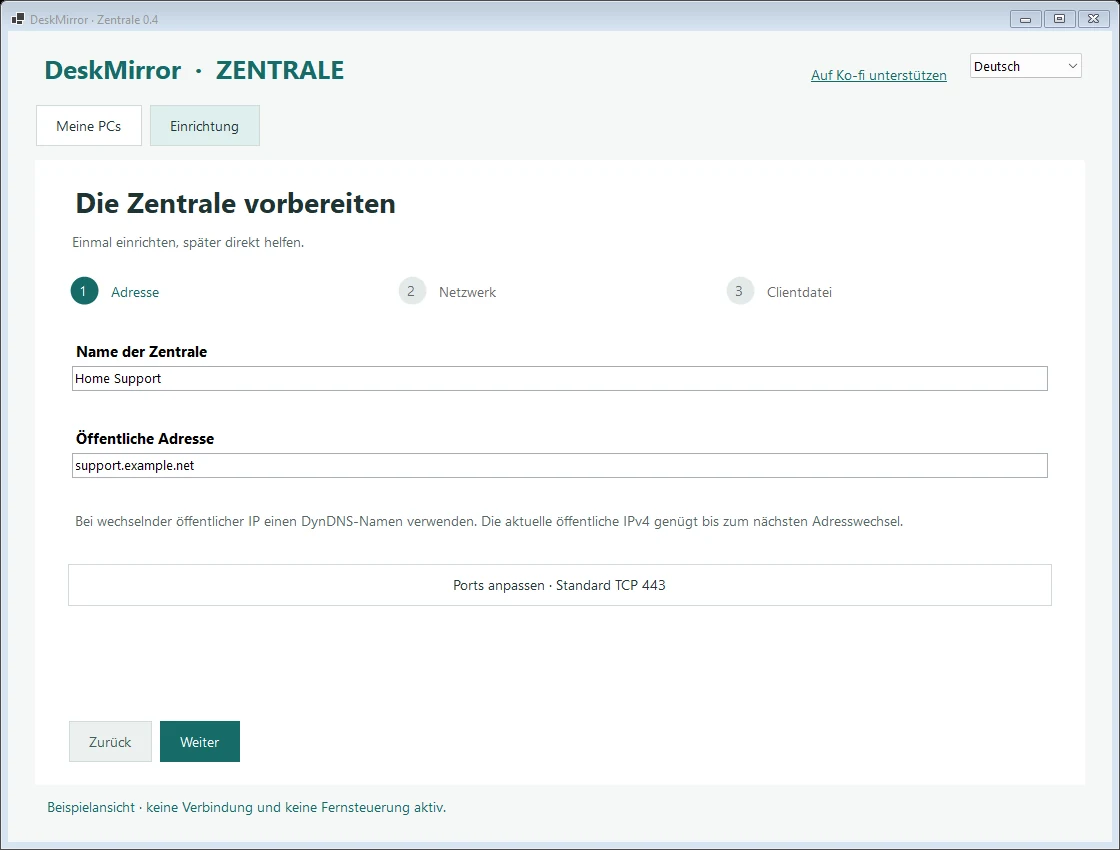 DeskMirror – Einrichtungsassistent der Zentrale, Schritt Adresse