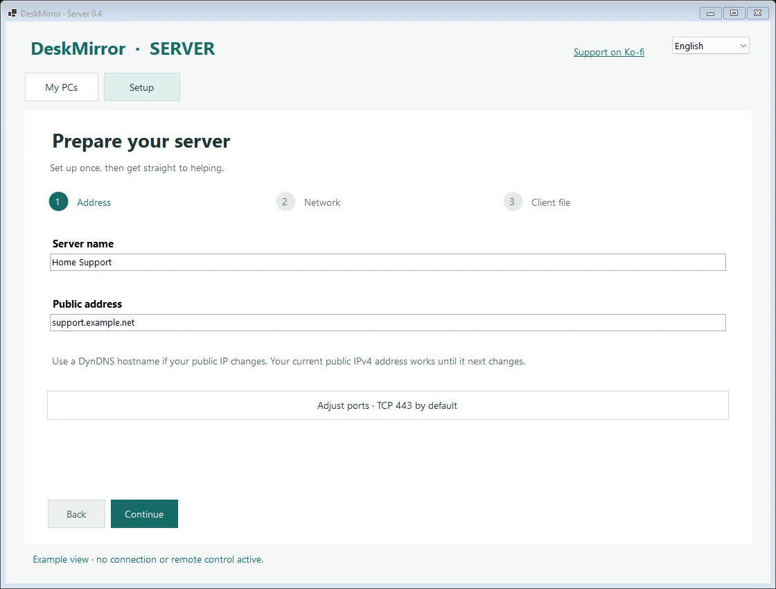 DeskMirror – Server setup wizard, address step