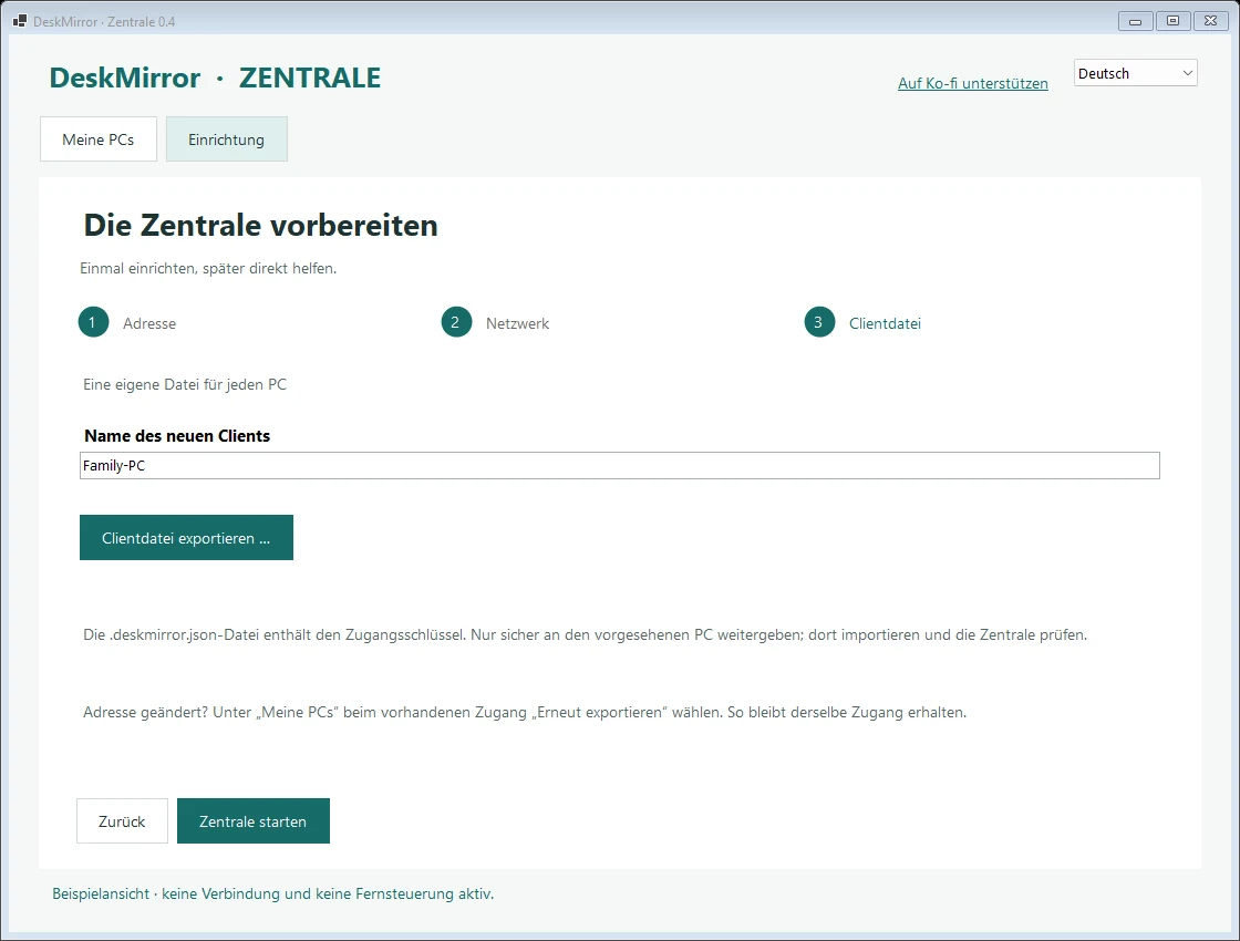 DeskMirror – Zentrale, Schritt 3: Clientdatei exportieren