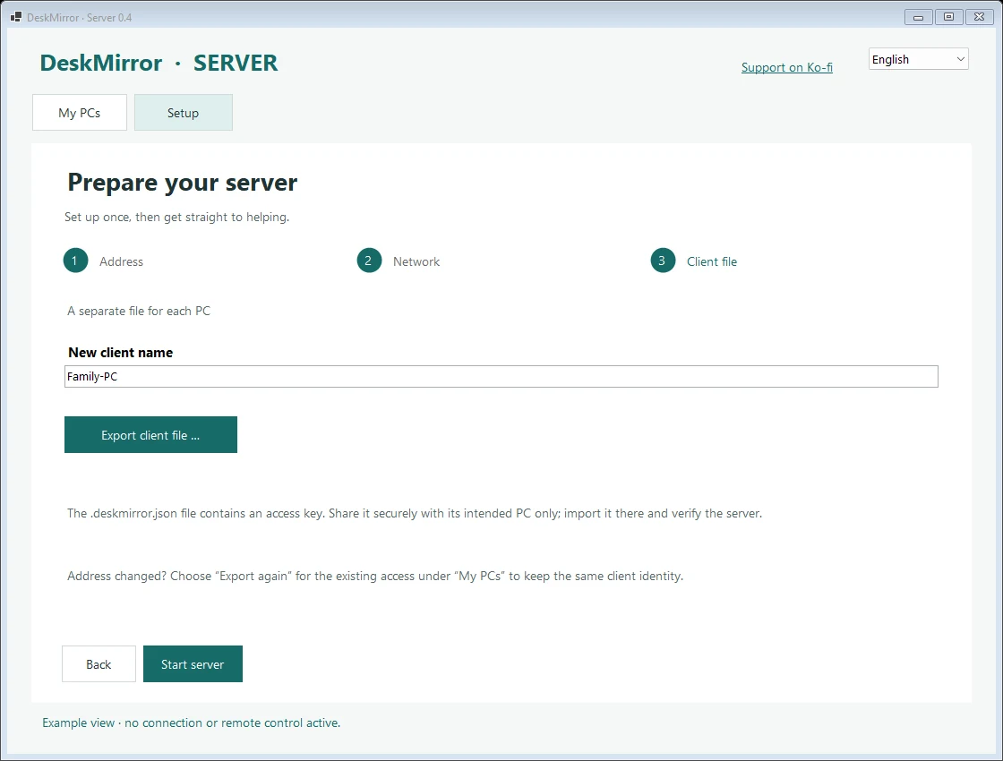DeskMirror – Server, step 3: export client file