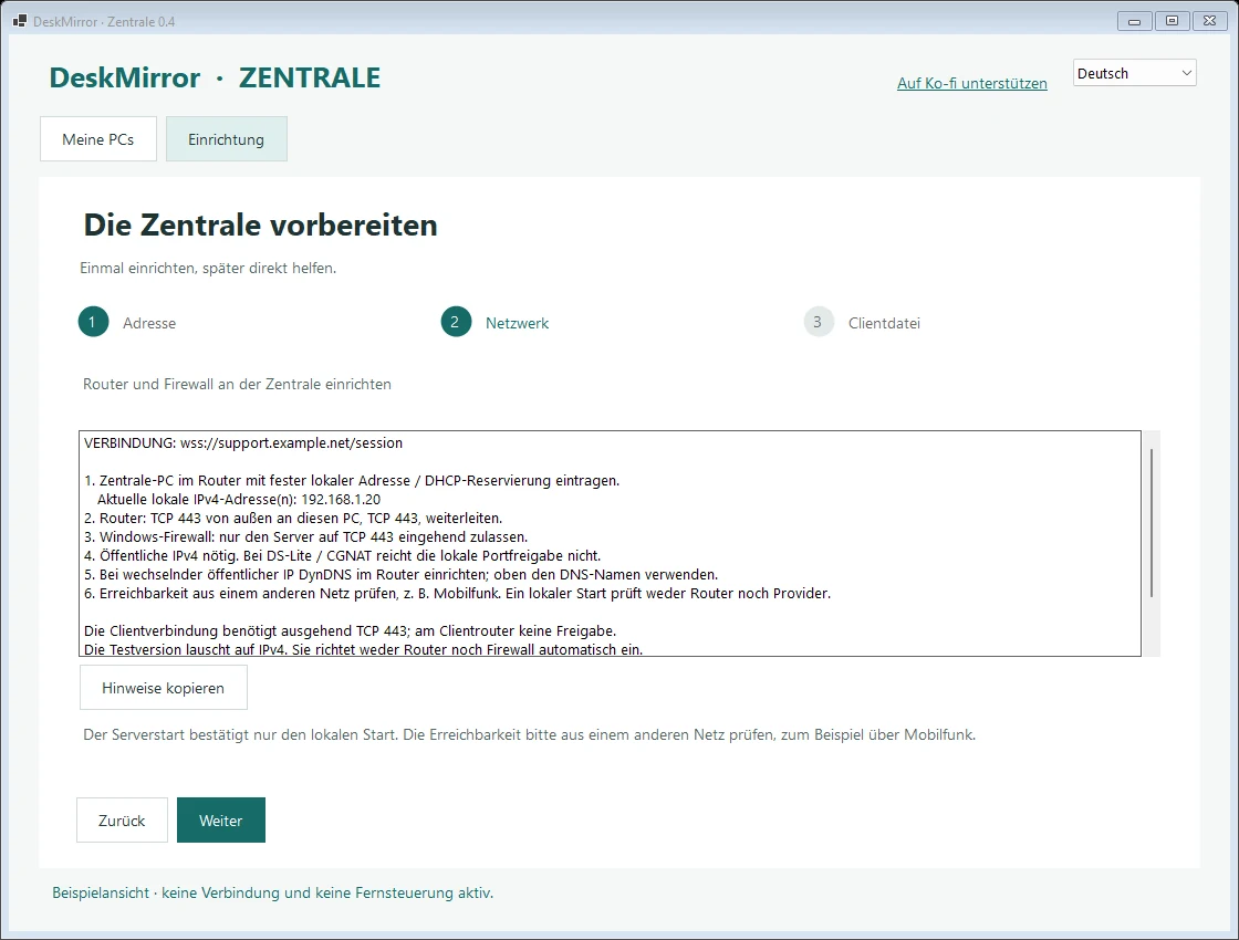 DeskMirror – Zentrale, Schritt 2: Router- und Firewallhinweise