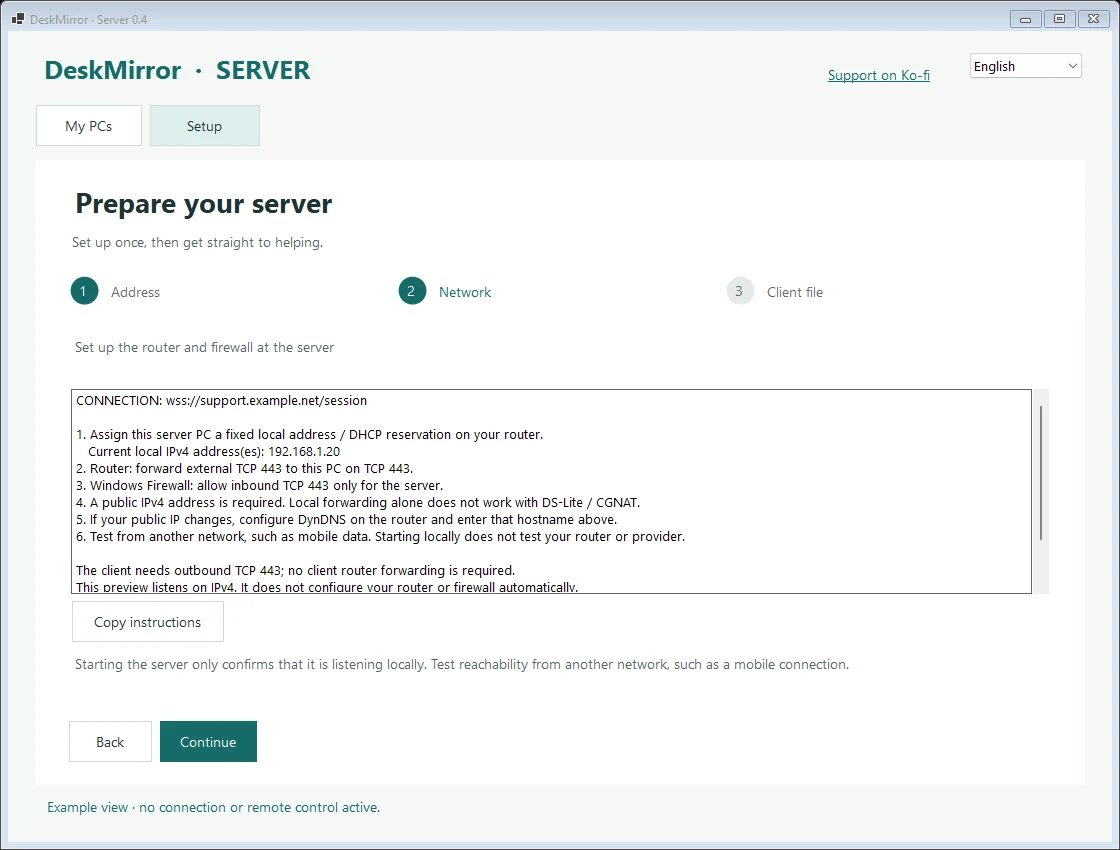 DeskMirror – Server, step 2: router and firewall instructions