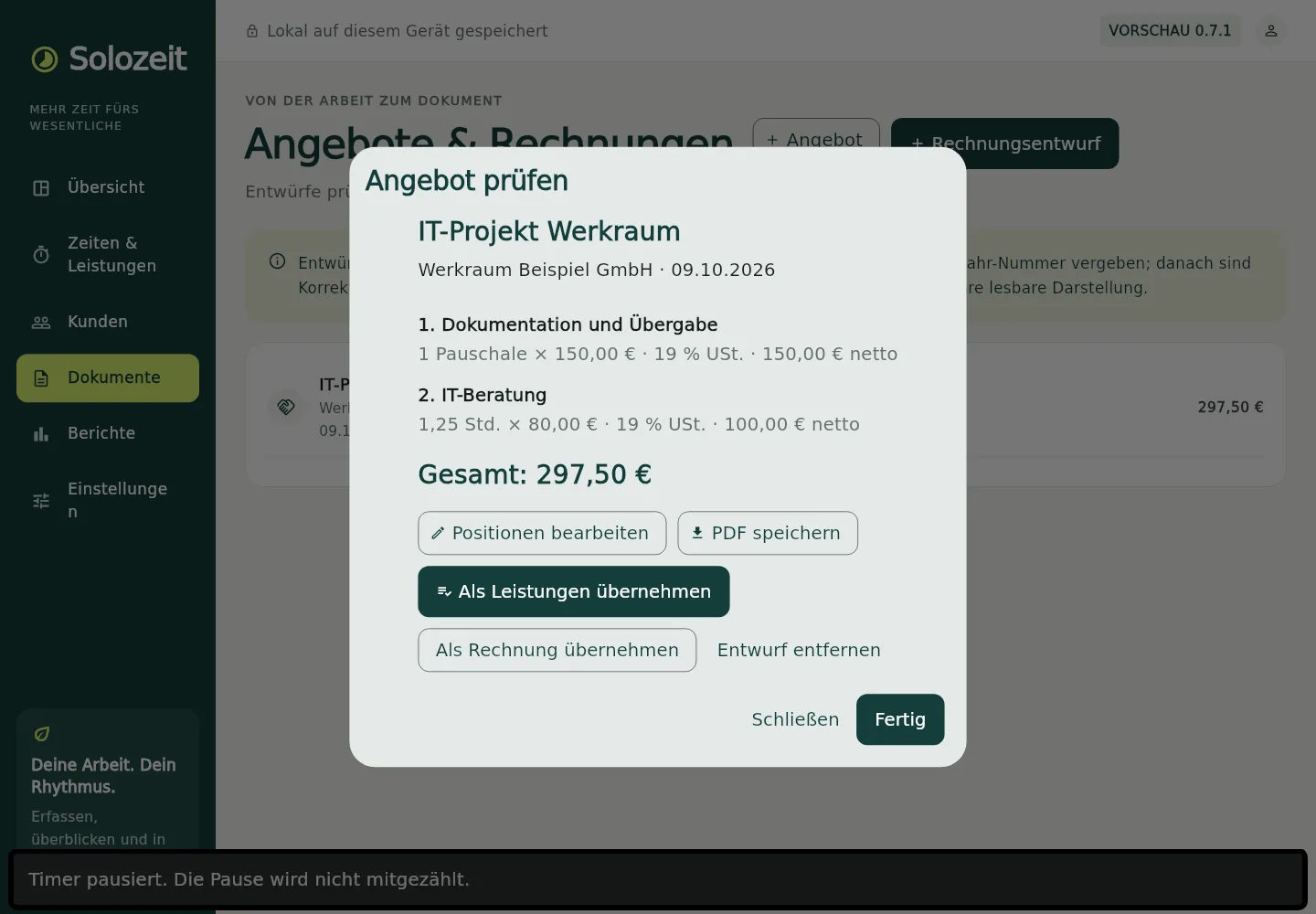 Solozeit – Angebotspositionen prüfen und den Übernahmeweg wählen