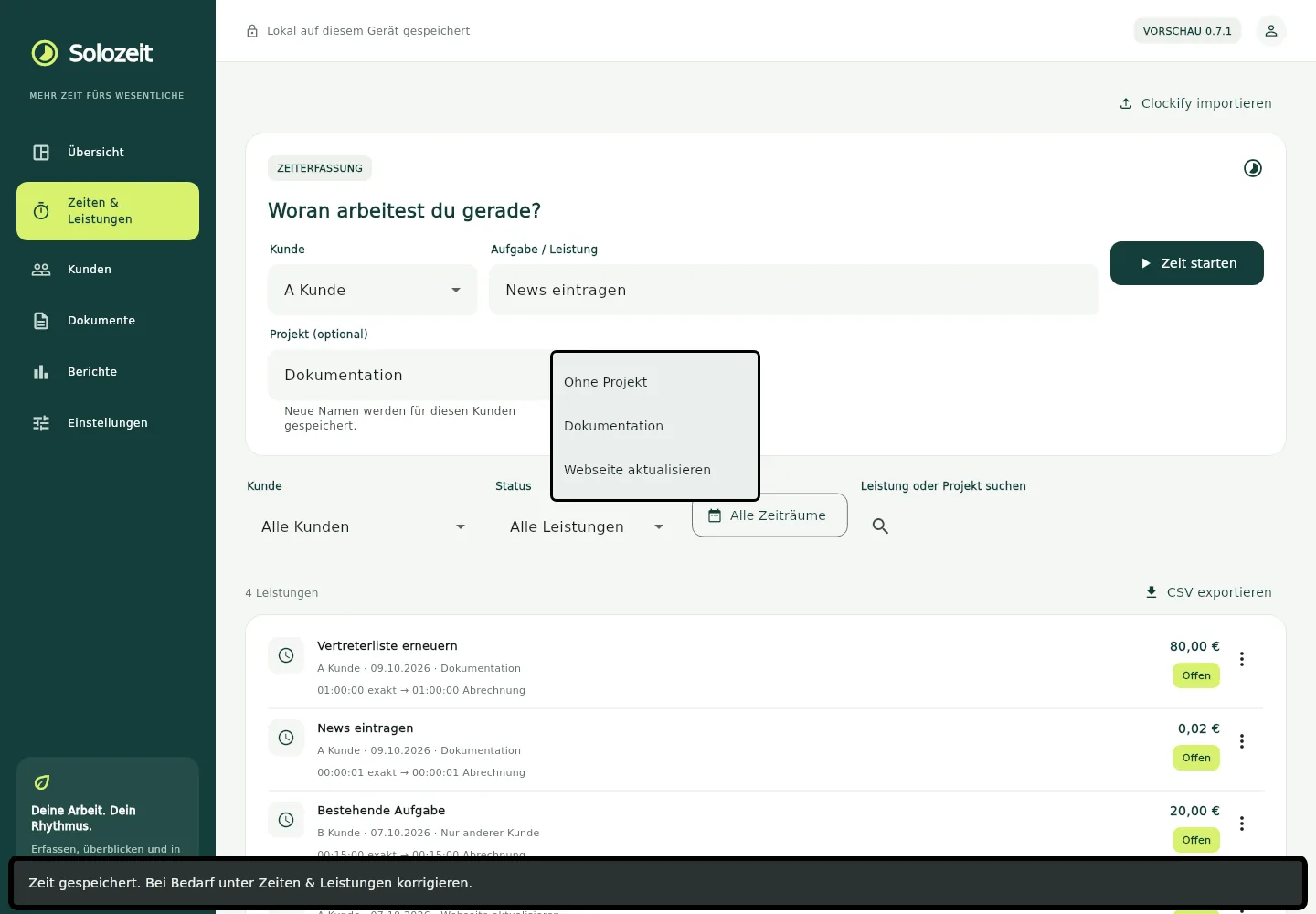 Solozeit – Projekt auswählen oder einen neuen Namen speichern