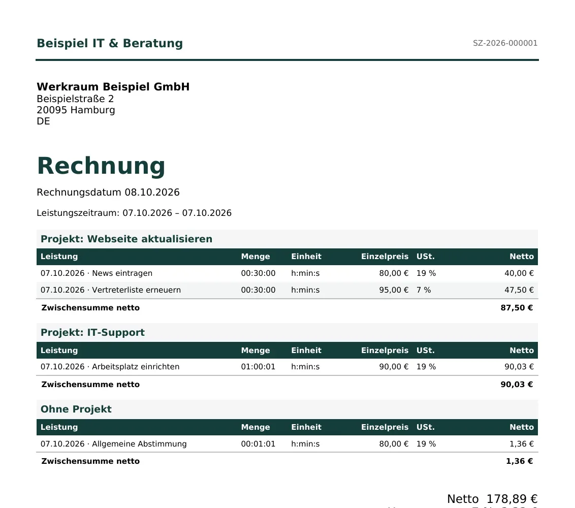 Solozeit – Rechnung als PDF mit Projektabschnitten und Zwischensummen