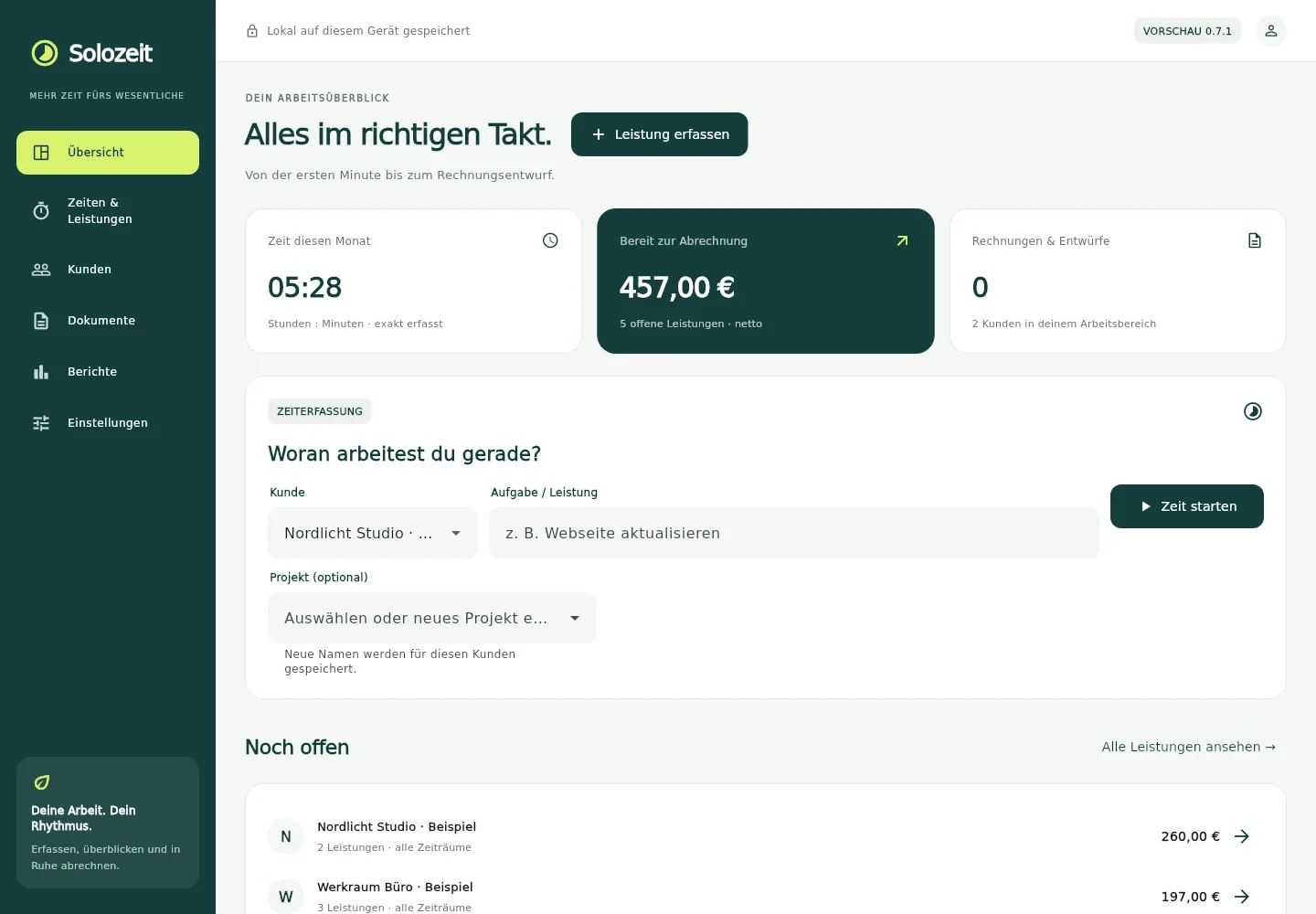 Solozeit – Arbeitsübersicht mit Zeiterfassung und offenen Leistungen